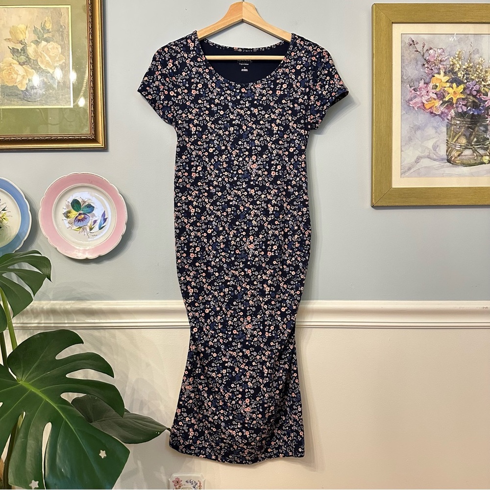 Isabel Maternity Floral Blue Pink Midi Fitted Dress Size Small
